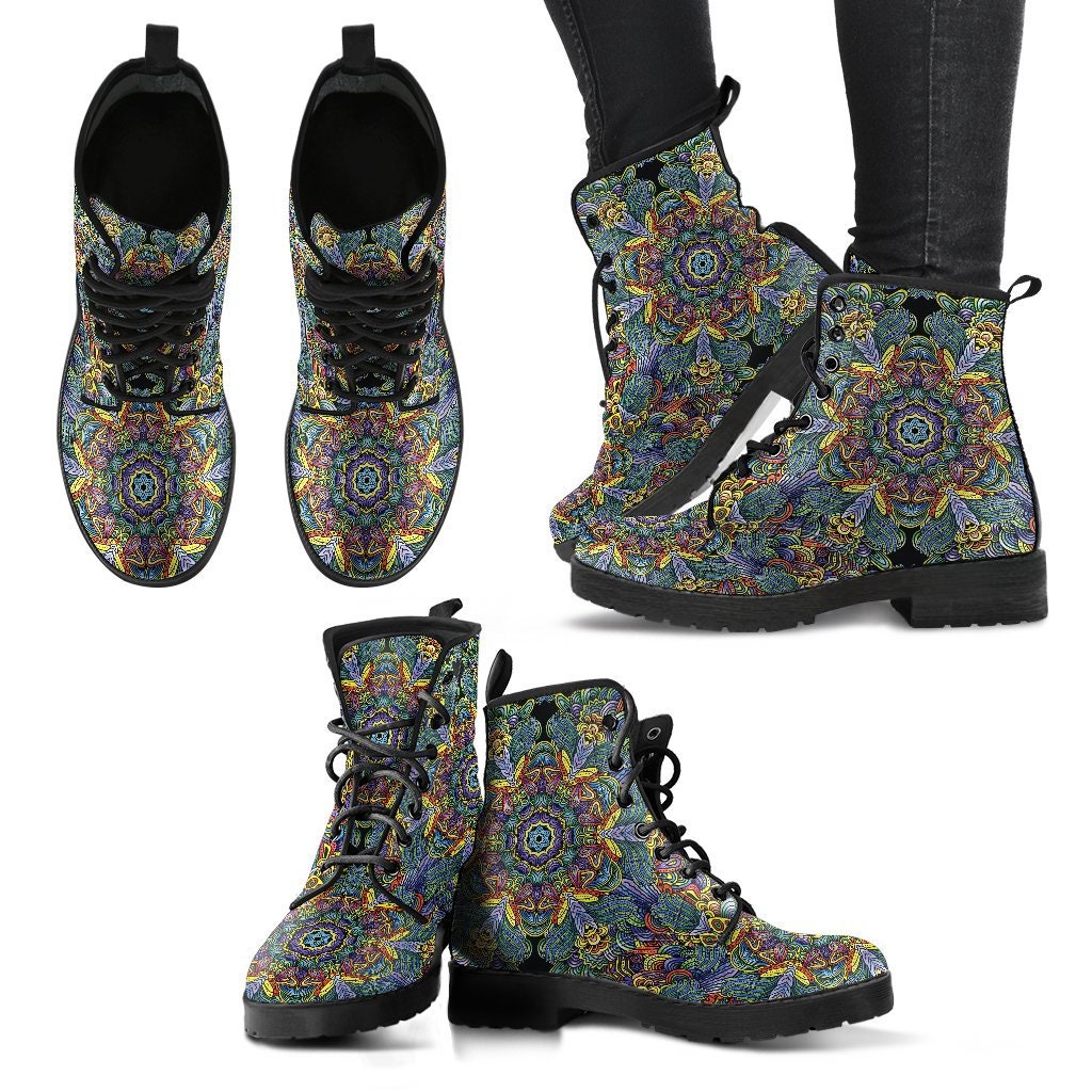 Colorful Mandala Boots Handcrafted Women Boots, Vegan Leather Boots, Animal Friendly Boots, Women Girl Gift, Classic Boot