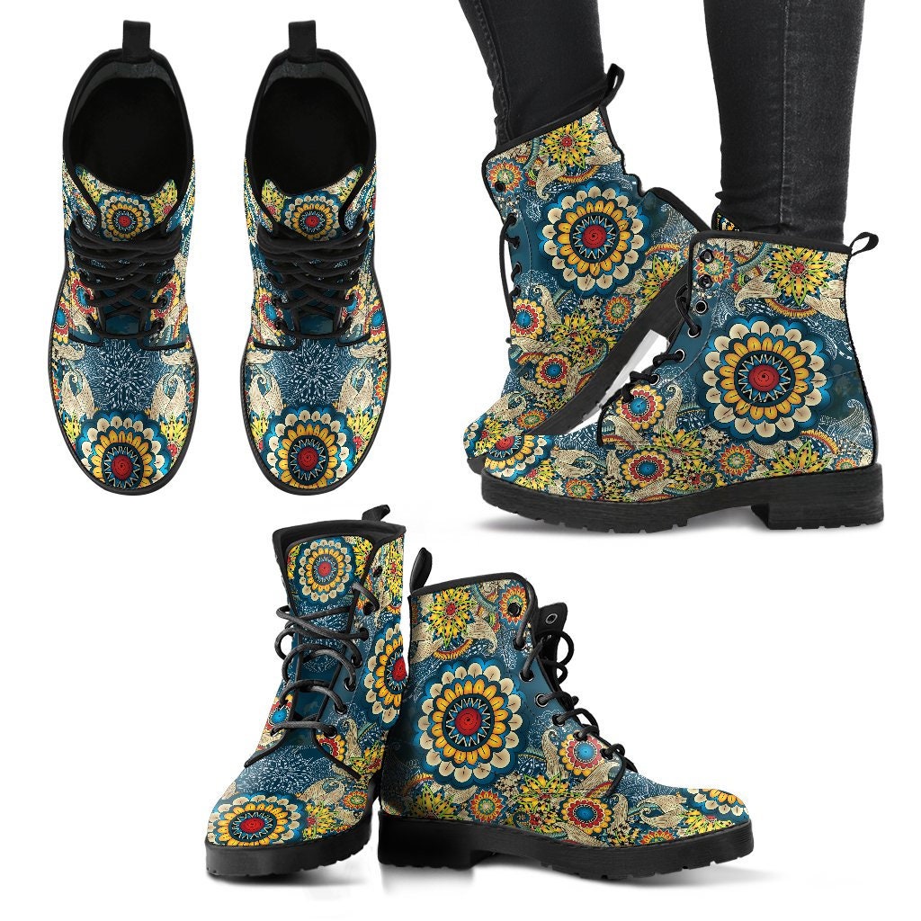 Colorful Mandala Boots Handcrafted Women Boots, Vegan Leather Boots, Animal Friendly Boots, Women Girl Gift, Classic Boot