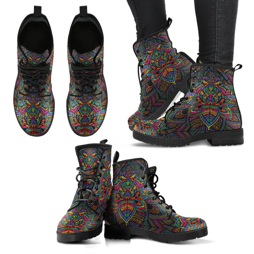 Colorful Lotus Boots Handcrafted Women Boots, Vegan Leather Boots, Animal Friendly Boots, Women Girl Gift, Classic Boot