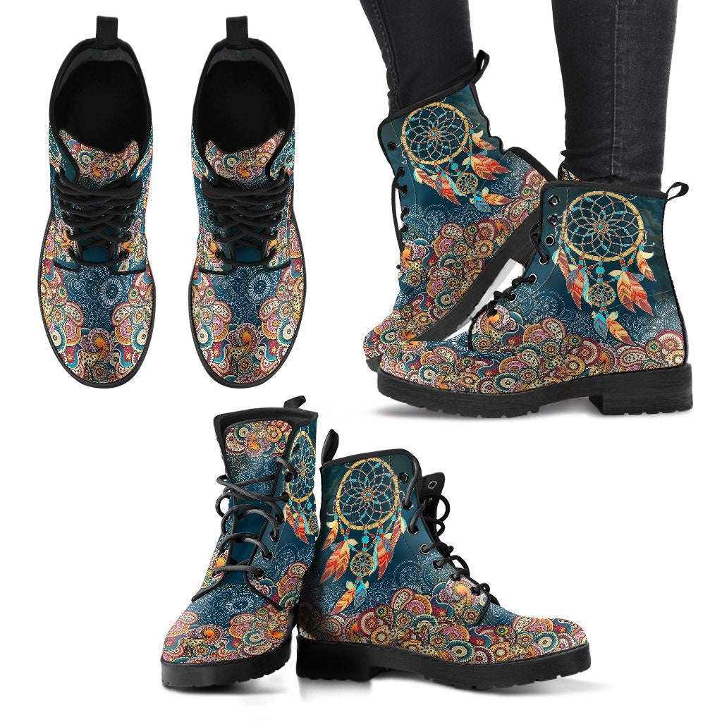 Colorful Dreamcatcher Boots Handcrafted Women Boots, Vegan Leather Boots, Animal Friendly Boots, Women Girl Gift, Classic Boot