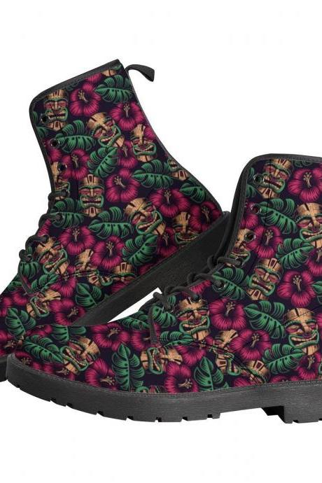 Tiki mask Boots, polynesia style Leather Boots, pink Vegan Boots, Women Girl Gift, Classic Boot, Tiki mask