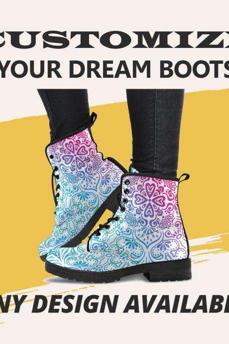 Bohemian Rainbow (White) Boots Handcrafted women Boots, Vegan Leather Boots, animal friendly Boots, Women Girl Gift, Classic Boot