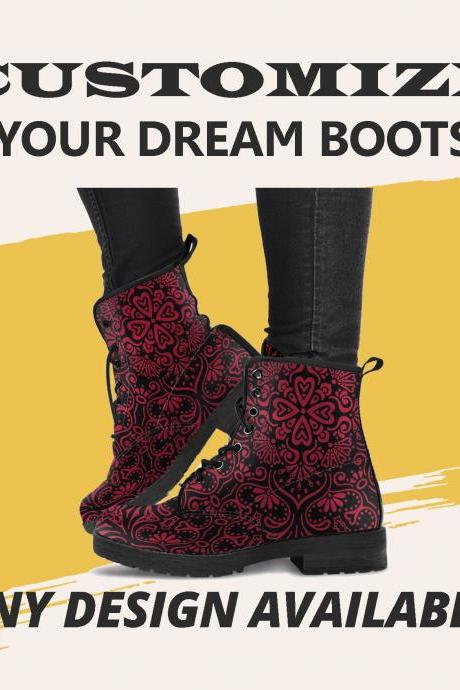 Bohemian Fiesta (Red Jester) Boots Handcrafted women Boots, Vegan Leather Boots, animal friendly Boots, Women Girl Gift, Classic Boot
