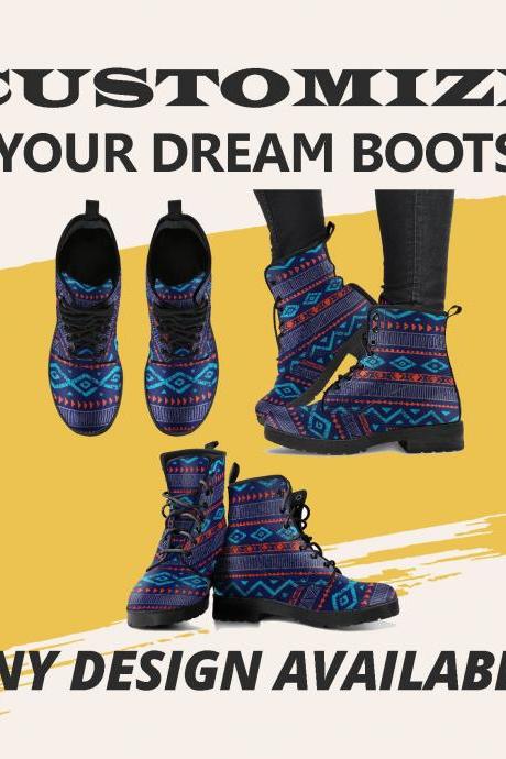 Aztec Blue Boots Boots, Vegan Leather Boots, animal friendly Boots, Women Girl Gift, Classic Boot