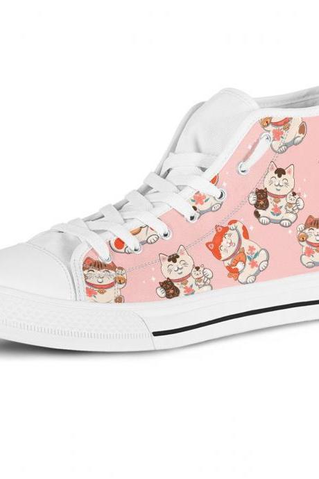 Maneki Neko High Top Shoes, Custom Kitty Shoes, Women Sneakers, Cute Pink And Blue Sneakers, Kids Sneakers, Women, Men Or Kids Sneakers