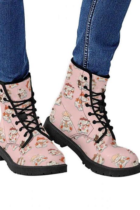 Maneki Neko Boots, Pink and Blue Cats Leather Boots, Handcrafted Boots, Streetwear, Women Girl Gift, Classic Boot, Footwear