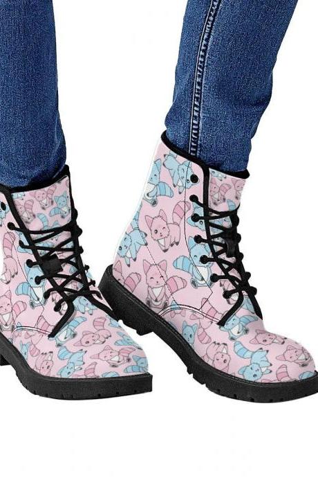 Cute Cat Boots, Pink and Blue Cats Leather Boots, Handcrafted Boots, Streetwear, Women Girl Gift, Classic Boot, Footwear