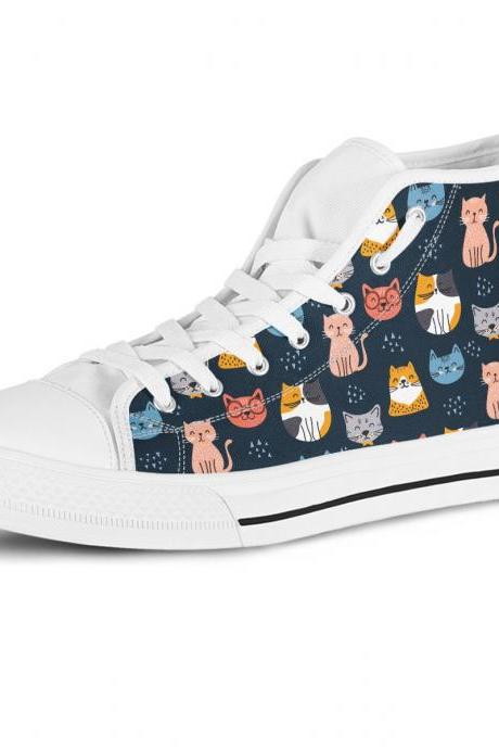 Navy Cute Cat High Top Shoes, Custom Kitty Shoes, Women Sneakers, Cute Sneakers, Kids Sneakers, Women, Men Or Kids Sneakers