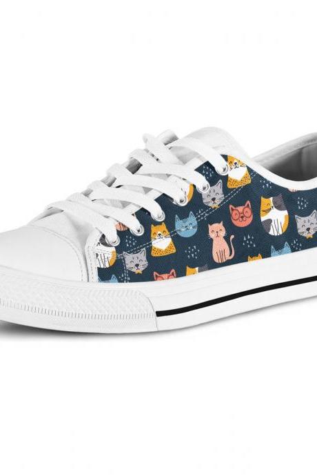 Navy Cute Cat Low Top Shoes, Custom Kitty Shoes, Women Sneakers, Cute Sneakers, Kids Sneakers, Women, Men Or Kids Sneakers