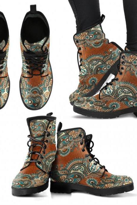 Brown Paisley Boots Handcrafted women Boots, Vegan Leather Boots, animal friendly Boots, Women Girl Gift, Classic Boot