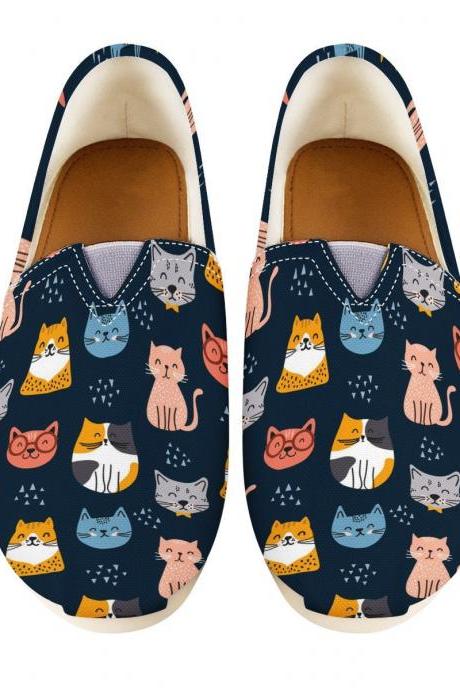 Cute Navy Cat Custom Casual Shoes, Women Casual shoes, Kitty casual shoes, feline casual shoes, Cats shoes,