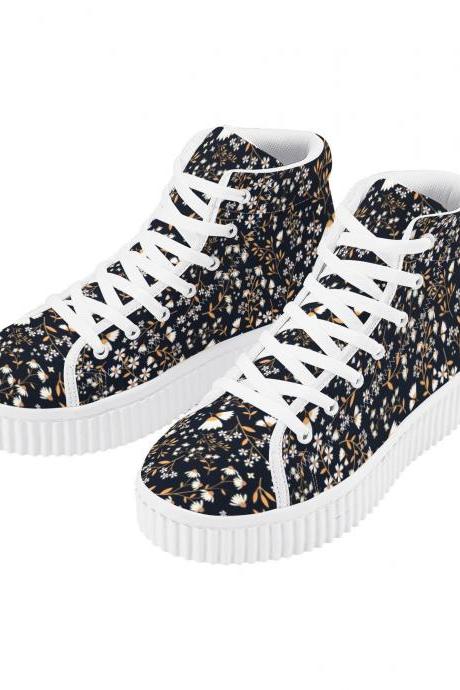 Floral White and Gold Platform Shoes | Floral Sneakers | Floral Women Shoes | Floral Pattern | Custom High Top Sneakers For Women