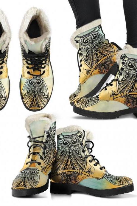 Owl tribal Boots Handcrafted women Boots, Vegan Leather Boots, animal friendly Boots, Women