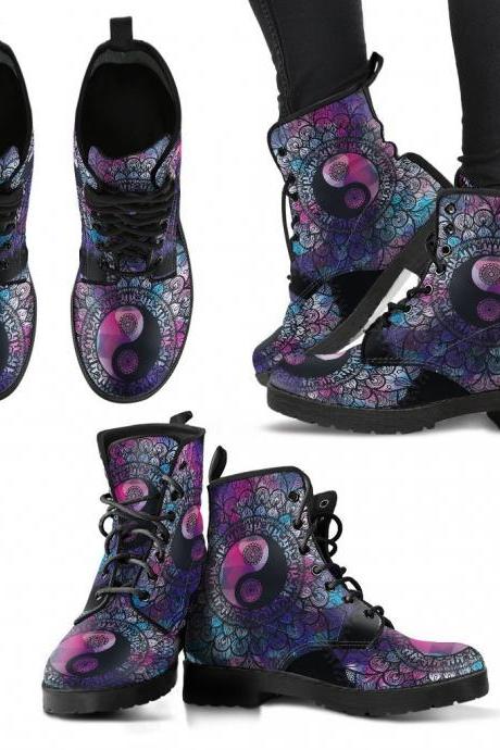 Yin Yang Mandala Boots Handcrafted Women Boots, Photography Vegan Leather Boots, Animal Friendly Boots, Women Girl Gift