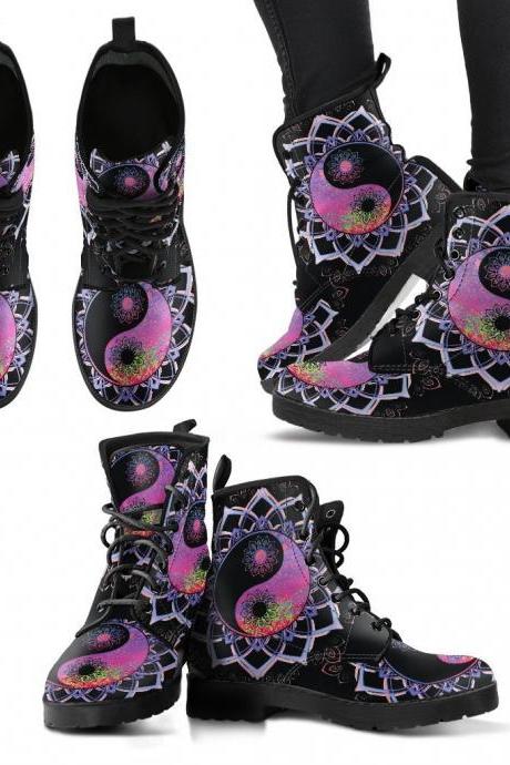 YinYang Mandala Boots Handcrafted women Boots, photography Vegan Leather Boots, animal friendly Boots, Women Girl Gift