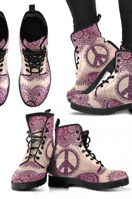 Peace Henna Mandala Boots Handcrafted women Boots, photography Vegan Leather Boots, animal friendly Boots, Women Girl Gift, Classic