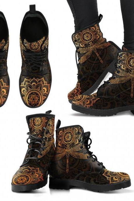 Mandala Dragonfly Rusty Gold Boots Handcrafted women Boots, photography Vegan Leather Boots, animal friendly Boots, Women Girl Gift, Classic