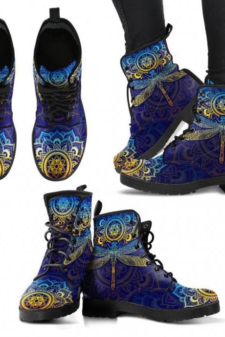Mandala Dragonfly Colorful Boots Handcrafted women Boots, photography Vegan Leather Boots, animal friendly Boots, Women Girl Gift, Classic