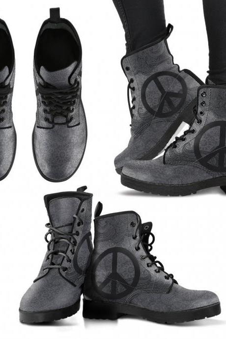 Grey Peace Mandala Women Boots, Vegan Leather Boots, Animal Friendly Boots, Classic Boot, Eco Leather, Animal Friendly