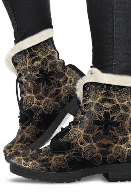 Golden Lotus Mandala Winter Boots Handcrafted Women Boots, Vegan Leather Boots, Animal Friendly Boots, Women