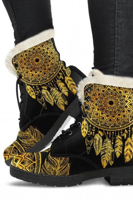 Golden Dream Catcher Winter Boots Handcrafted Women Boots, Vegan Leather Boots, Animal Friendly Boots, Women