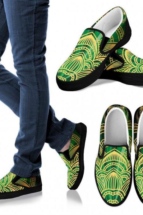 Glamour Green Mandala Slipon Designer Shoes, Handmade Women Shoes, Slip on Shoes, dream shoes