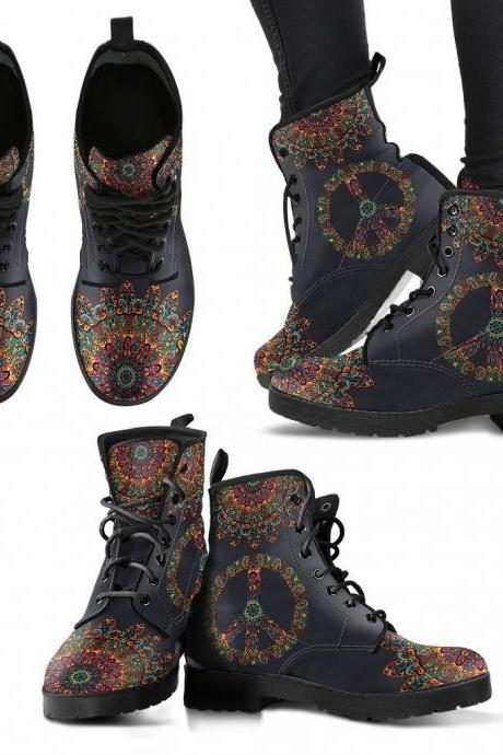 Colorful Peace And Mandala Boots Handcrafted Women Boots, Vegan Leather Boots, Animal Friendly Boots, Women Girl Gift, Classic Boot