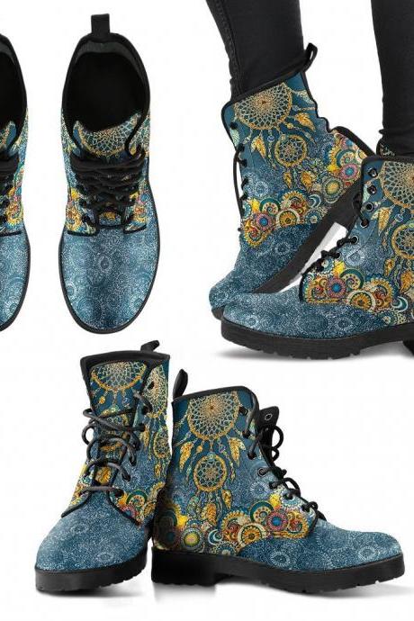 Colorful Dreamcatcher Mandala Boots Handcrafted Women Boots, Vegan Leather Boots, Animal Friendly Boots, Women Girl Gift, Classic Boot