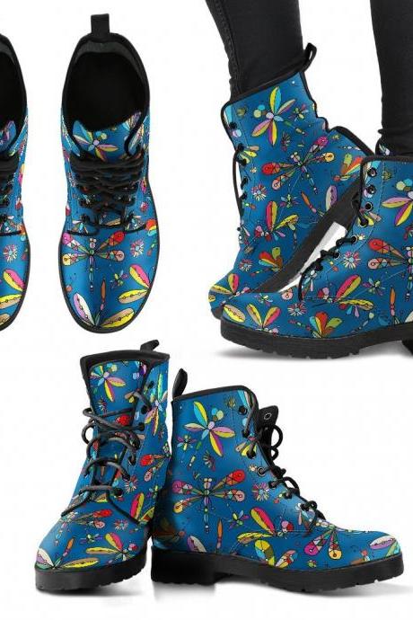 Colorful Dragonfly Boots Handcrafted Women Boots, Photography Vegan Leather Boots, Animal Friendly Boots, Women Girl Gift, Classic Boot