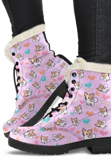 Chihuahua Lovers Faux Fur Handcrafted Winter Boots Handcrafted Women Boots, Vegan Leather Boots, Animal Friendly Boots, Women Girl Gift,