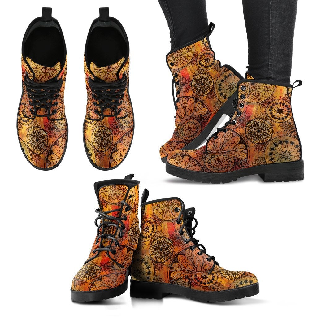 Yellow Elephant Mandala Print Men Women Leather Boots main image 1