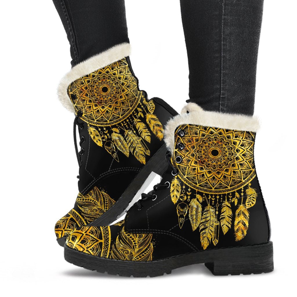Brown Boho Peacock Dream Catcher Feather Pattern Print Men Women Leather Boots